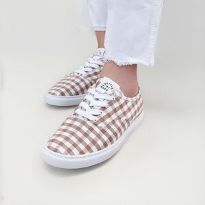 Anthropologie Loeffler Randall Keegan Sneakers Brown Gingham Linen‎ Size 11 EUC